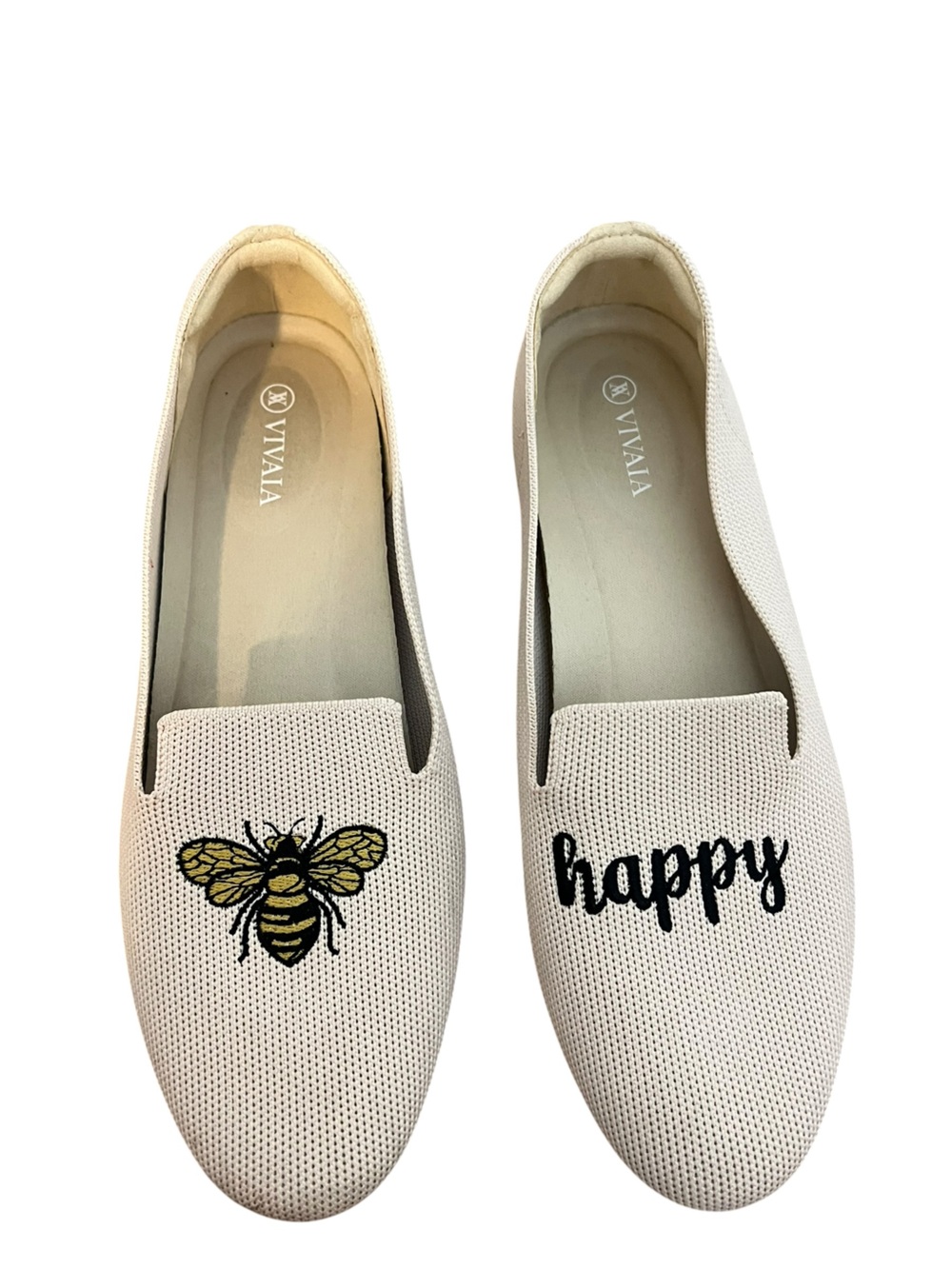 VIVAIA Audrey Bee Happy Loafers 9.5 Cream Ivory Embroidered Bee Knit Flats